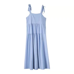 SB111 Lake-blue Bow Slip Dress Summer Lace-up Mid Length Dress