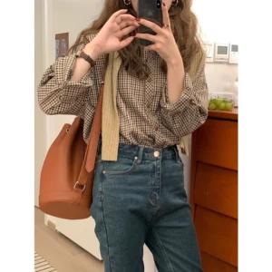 SA013 Korean Style Women Ladies Loose Vintage Plaid Long Sleeve Shirt Blouse