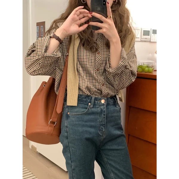 1810ec888e54663b240c8279b4d34d49 SA013 Korean Style Women Ladies Loose Vintage Plaid Long Sleeve Shirt Blouse