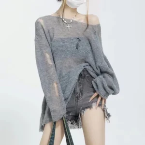 SA030 Solid Color Knitted Shirt Women's Long Sleeve Loose Sunscreen Top