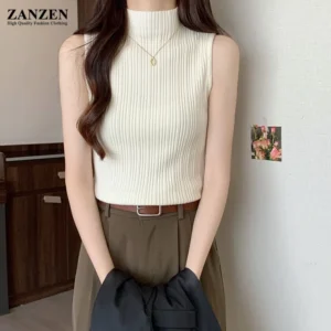 SA024 Korean Style Women Fashion Slim High Neck Knitted Tops Sleeveless Solid Color Turtleneck Tops freesize (30-60kg)